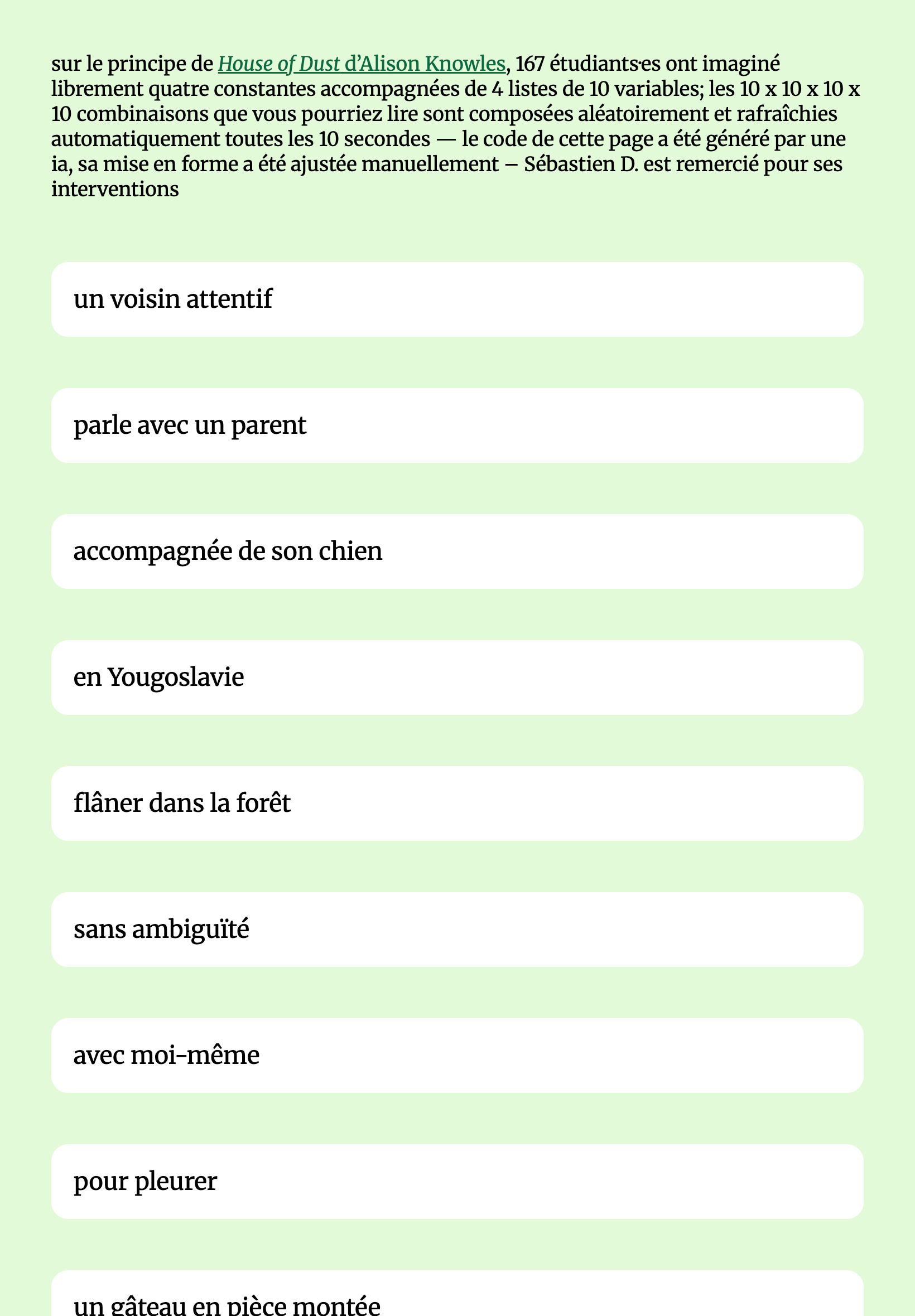 Page dans les tons vert avec un texte d'introduction suivi de rectangles dans lesquelles sont situé une phrase par rectangle.